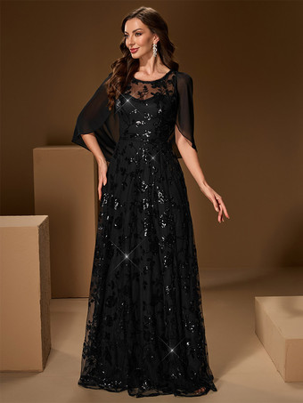 Langes formelles Abendkleid aus Spitze schwarz paillettenbestickt Maxikleid aus Mesh