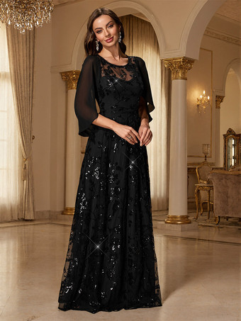 Langes formelles Abendkleid aus Spitze schwarz paillettenbestickt Maxikleid aus Mesh