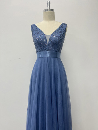 結婚式ゲストドレス、イブニングドレス、Vネック、ノースリーブ、刺繍メッシュ、Aライン、フォーマル、ブライズメイドドレス