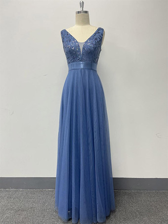 結婚式ゲストドレス、イブニングドレス、Vネック、ノースリーブ、刺繍メッシュ、Aライン、フォーマル、ブライズメイドドレス