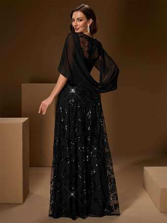 Langes formelles Abendkleid aus Spitze schwarz paillettenbestickt Maxikleid aus Mesh