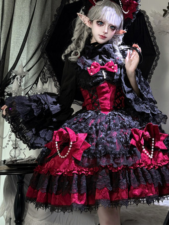 Robes Gothic Lolita noires et rouges à bretelles spaghetti corset mini-robes en dentelle à volants
