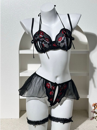 ランジェリー バックレス レースアップ ブラック＆レッド 花柄 シースルー レース ブラジャー＆ショーツ セット