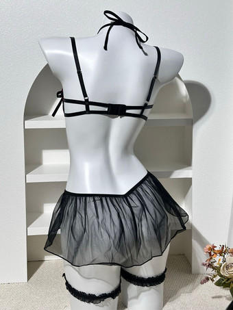 ランジェリー バックレス レースアップ ブラック＆レッド 花柄 シースルー レース ブラジャー＆ショーツ セット