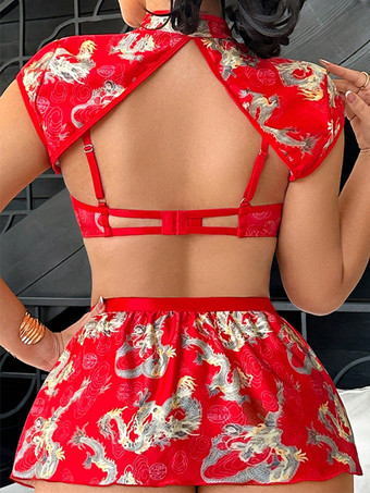 Ensemble de lingerie Cheongsam soutien-gorge à col montant mini-jupe pyjama