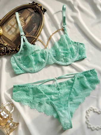Mintgrünes Dessous-Set aus floraler Spitze 2-teilig mit Bügel-BH und Höschen sowie Metallketten-Details