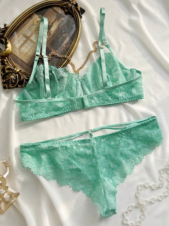 Mintgrünes Dessous-Set aus floraler Spitze 2-teilig mit Bügel-BH und Höschen sowie Metallketten-Details