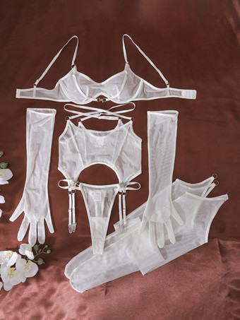 Schwarzes und weißes durchsichtiges Mesh-Body-Dessous-Set mit langen Handschuhen und Cutout-Harness