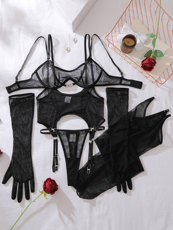 Schwarzes und weißes durchsichtiges Mesh-Body-Dessous-Set mit langen Handschuhen und Cutout-Harness