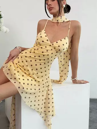 Party Dress Printed Spaghetti Strap Mini Dress With Neck Scarf Set Irregular Hem Satin Slip Dress
