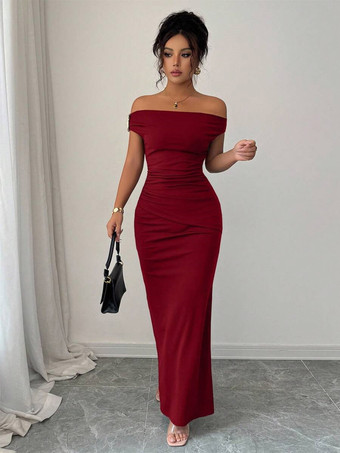 ワインレッド パーティー向けロングドレス オフショルダー ギャザー入り ボディコン 無地 ストレッチ スリムフィット ロングイブニングドレス