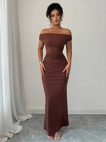 ブラウンパーティー向けロングドレス オフショルダー ギャザー入り ボディコン 無地 ストレッチ スリムフィット ロングイブニングドレス