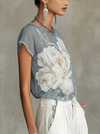 Transparente Bluse mit kurzen Ärmeln floralem Vintage-Aquarellblumenmuster lockerer Chiffon-Top
