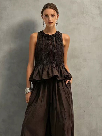 2-teiliges Set: Ärmelloses Oberteil mit Rüschen und Peplum-Schnitt weit geschnittene Hose