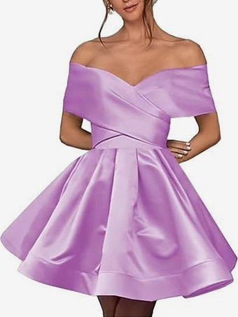 ラベンダーカラーデイリードレス オフショルダー サテン ホームカミングドレス コルセットバック Aライン ショートミニ プロムガウン ポケット付き