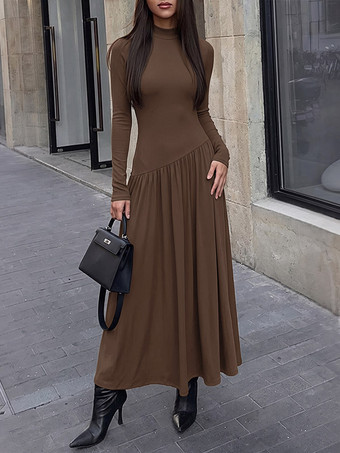 Braun      Alltagskleider Maxikleid mit Stehkragen Rippstrick lange Ärmel asymmetrischer Einsatz fließendes Swing-Kleid