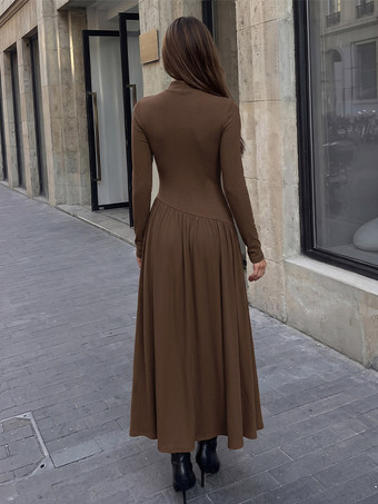Alltagskleider Maxikleid mit Stehkragen Rippstrick lange Ärmel asymmetrischer Einsatz fließendes Swing-Kleid