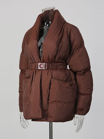 Steppjacke mit Wickelkragen Taillengürtel und verstellbarer Schnalle – kurzer gesteppter Wintermantel für Damen