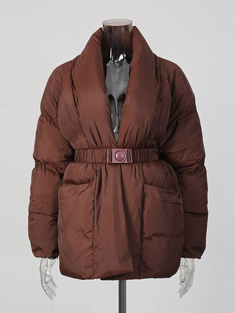 Steppjacke mit Wickelkragen Taillengürtel und verstellbarer Schnalle – kurzer gesteppter Wintermantel für Damen