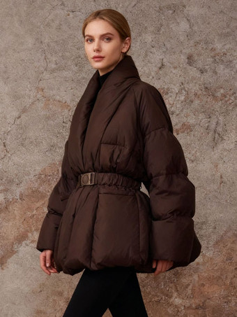 Braun Steppjacke mit Wickelkragen Taillengürtel und verstellbarer Schnalle – kurzer gesteppter Wintermantel für Damen