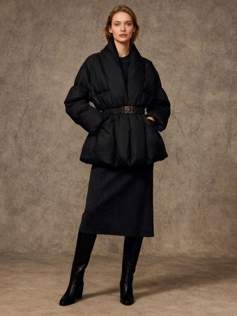 SchwarzSteppjacke mit Wickelkragen Taillengürtel und verstellbarer Schnalle – kurzer gesteppter Wintermantel für Damen