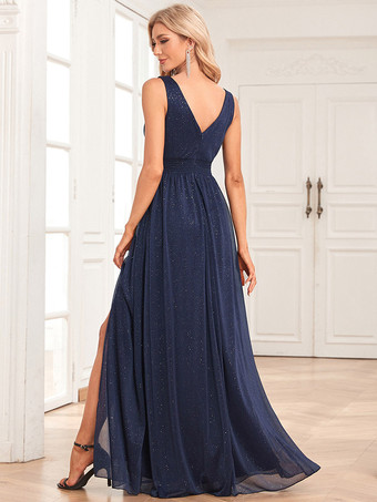 Sexy rückenfreies langes Ballkleid Brautjungfernkleid Maxikleid mit V-Ausschnitt