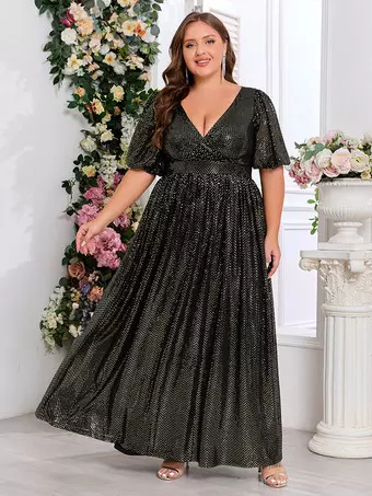 plus size evening maxi dresses Xpluswear Design Formal Champagne Round Neck Long Sleeve Split Elegant See Through Sequin Chiffon Long Lace Sleeves Tomyris Plus Size Evening Dress