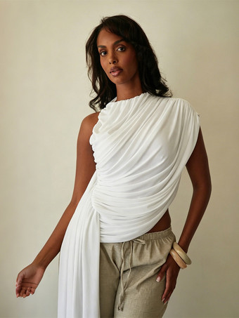 Asymmetrisches schulterfreies drapiertes gerafftes ärmelloses Top mit fließendem Seitengürtel elegante Bluse