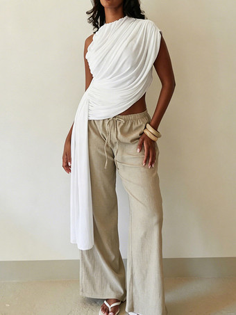 Asymmetrisches schulterfreies drapiertes gerafftes ärmelloses Top mit fließendem Seitengürtel elegante Bluse