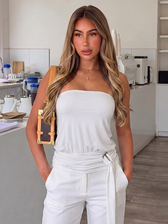 WeißTrägerloses Tube-Top mit Wickelgürtel geraffte ärmellose Crop-Bluse