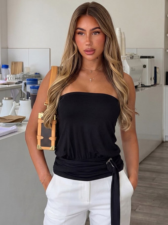SchwarzTrägerloses Tube-Top mit Wickelgürtel geraffte ärmellose Crop-Bluse