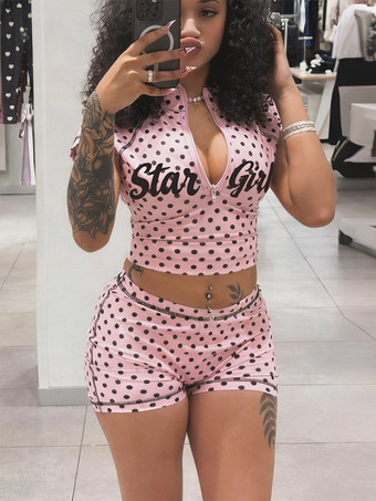 RosaPolka Dot Half Zip Mock Neck Crop Top Shorts 2-teiliges Set Star Girl Buchstabenprint Outfit