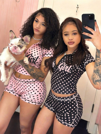 SchwarzPolka Dot Half Zip Mock Neck Crop Top Shorts 2-teiliges Set Star Girl Buchstabenprint Outfit