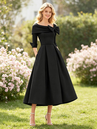 SchwarzMutterkleid A-Linie/Prinzessinnenkleid mit Wasserfallausschnitt Schleife(n) 3/4-Ärmeln Teelänge Ballkleid Hochzeitsgastkleider