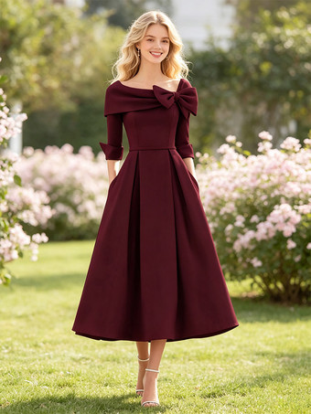 Burgunderrot Mutterkleid A-Linie/Prinzessinnenkleid mit Wasserfallausschnitt Schleife(n) 3/4-Ärmeln Teelänge Ballkleid Hochzeitsgastkleider