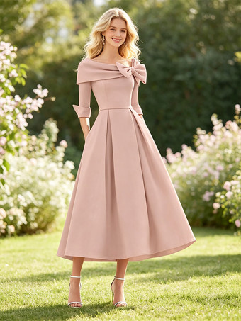 PerlrosaMutterkleid A-Linie/Prinzessinnenkleid mit Wasserfallausschnitt Schleife(n) 3/4-Ärmeln Teelänge Ballkleid Hochzeitsgastkleider