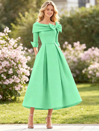 Mintgrün      Mutterkleid A-Linie/Prinzessinnenkleid mit Wasserfallausschnitt Schleife(n) 3/4-Ärmeln Teelänge Ballkleid Hochzeitsgastkleider