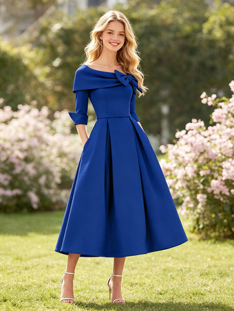 BlauMutterkleid A-Linie/Prinzessinnenkleid mit Wasserfallausschnitt Schleife(n) 3/4-Ärmeln Teelänge Ballkleid Hochzeitsgastkleider