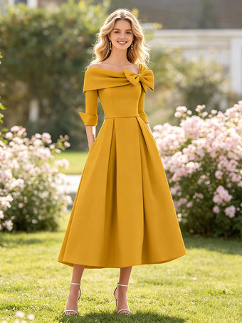 SenfgelbMutterkleid A-Linie/Prinzessinnenkleid mit Wasserfallausschnitt Schleife(n) 3/4-Ärmeln Teelänge Ballkleid Hochzeitsgastkleider