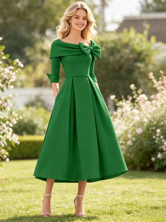 Grün Mutterkleid A-Linie/Prinzessinnenkleid mit Wasserfallausschnitt Schleife(n) 3/4-Ärmeln Teelänge Ballkleid Hochzeitsgastkleider