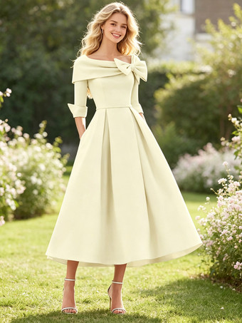 milchweißMutterkleid A-Linie/Prinzessinnenkleid mit Wasserfallausschnitt Schleife(n) 3/4-Ärmeln Teelänge Ballkleid Hochzeitsgastkleider