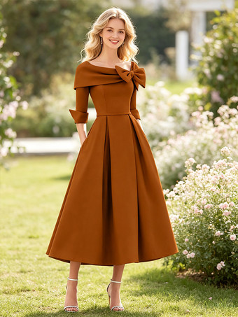 Kaminrot      Mutterkleid A-Linie/Prinzessinnenkleid mit Wasserfallausschnitt Schleife(n) 3/4-Ärmeln Teelänge Ballkleid Hochzeitsgastkleider