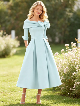 Hellblau Mutterkleid A-Linie/Prinzessinnenkleid mit Wasserfallausschnitt Schleife(n) 3/4-Ärmeln Teelänge Ballkleid Hochzeitsgastkleider