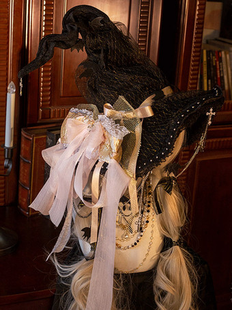 Gothic Lace Witch Hat With Ribbon Chain Decor Vintage Lolita Wizard Cosplay Hat