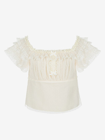 Chemisier à épaules dénudées en dentelle à volants et manches bouffantes haut Lolita en tissu texturé chemise blanche