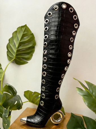 SchwarzDamen-Oberschenkelstiefel mit spitzer Zehenpartie Strassmuster am Absatz Overknee-Stiefel