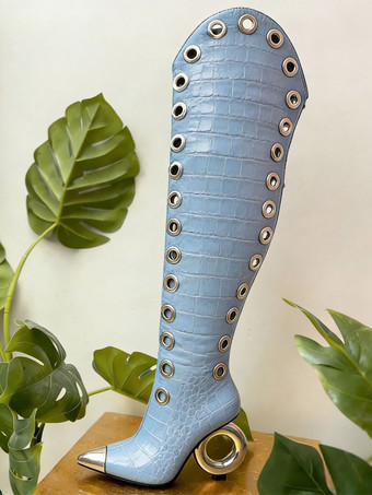 Hellschiefergrau Damen-Oberschenkelstiefel mit spitzer Zehenpartie Strassmuster am Absatz Overknee-Stiefel