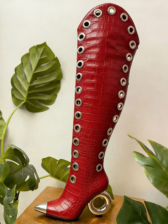 DunkelrotDamen-Oberschenkelstiefel mit spitzer Zehenpartie Strassmuster am Absatz Overknee-Stiefel