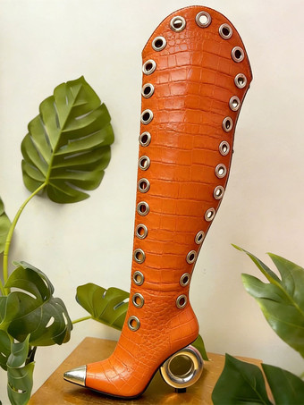 OrangeDamen-Oberschenkelstiefel mit spitzer Zehenpartie Strassmuster am Absatz Overknee-Stiefel