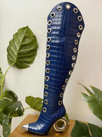 Dunkelblau Damen-Oberschenkelstiefel mit spitzer Zehenpartie Strassmuster am Absatz Overknee-Stiefel